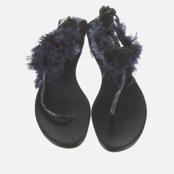 RENÉ CAOVILLA Satin Crystal Embellishments T-Strap Navy Blue Sandals Size: 5 - Picture 3 of 4